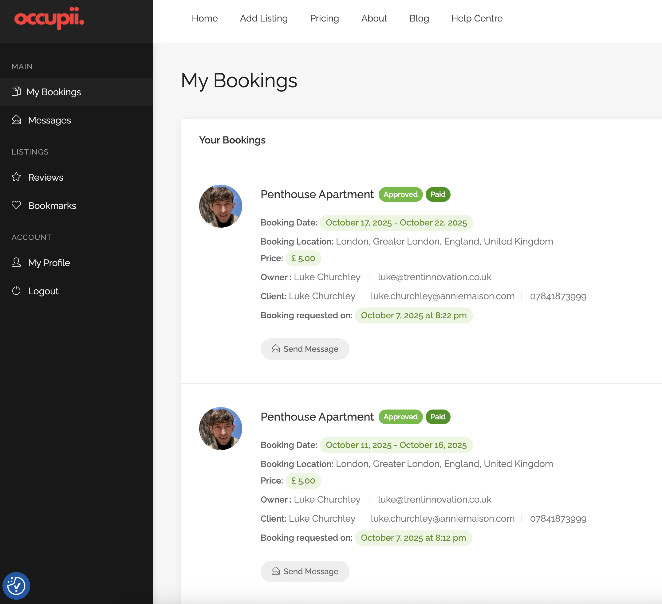 Occupii Dashboard - User interface